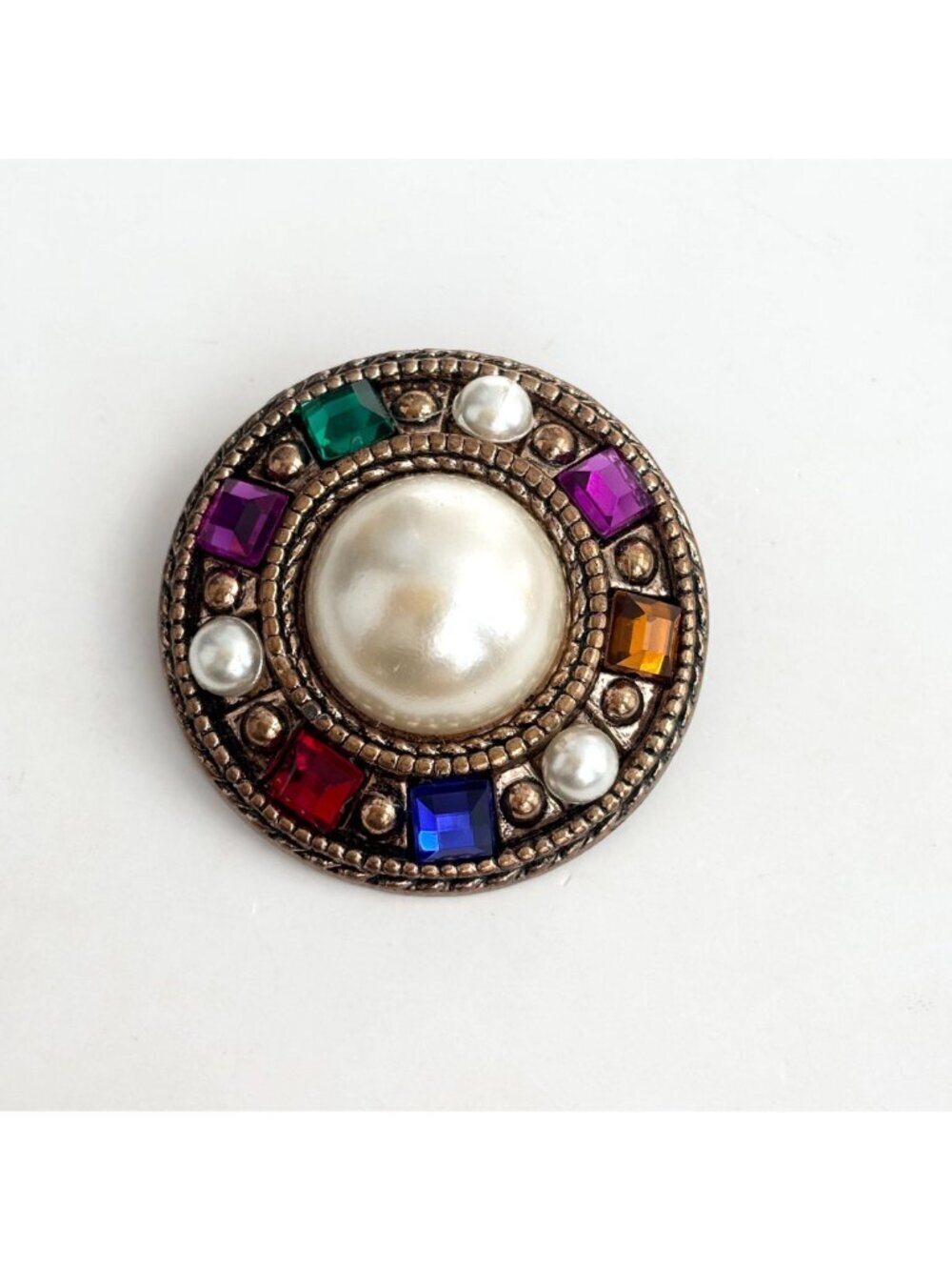 Rainbow Rhinestone Faux Pearl Colorful 80's Vintage Costume Jewelry Brooch - Picture 8 of 10